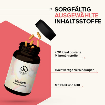 edubily nutrition® multivitamīnu kapsulas ar vitamīniem, minerālvielām un mikroelementiem, piemēram, hromu, jodu, varu, mangānu, molibdēnu, PQQ, Q10, selēnu, cinku, bez dzelzs - 90 mazas kapsulas (multivitamīni ar jodu)