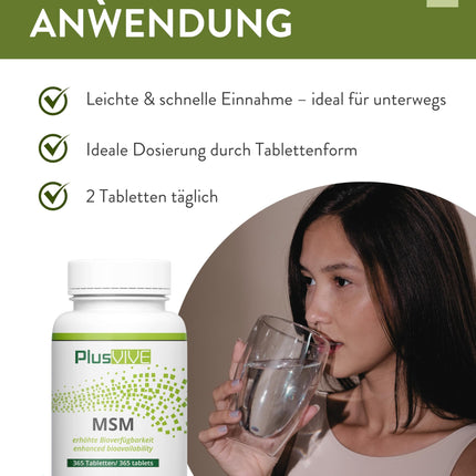PlusVive MSM tabletes ar augstu devu | 1 x 365 tabletes | 1000 mg MSM ar 99,8% tīrību vienā tabletē | MSM kapsulas ar papaīnu un spirulīnu | Uztura bagātinātājs vegāns un laboratoriski pārbaudīts
