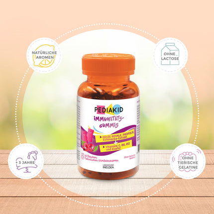 PEDIAKID — Imunitātes košļājamās gumijas — Dabīga formula ar gardu aveņu garšu — Veicina normālu imūnsistēmas darbību — Atbalsta organisma aizsargspējas — 3 x 60 košļājamās gumijas