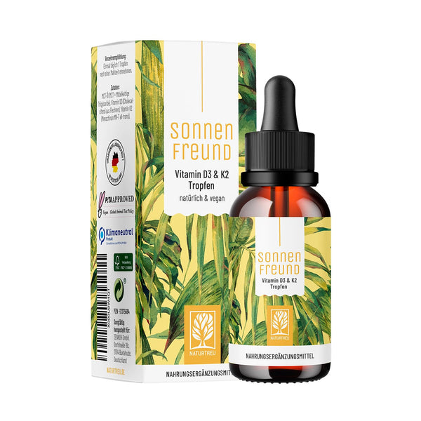 NATURTREU® D3 K2 vitamīna pilieni ar augstu devu un vegānisks sastāvs - 100% augu izcelsmes (bez dzīvnieku izcelsmes lanolīna) - 1000 SV D vitamīns + K2 vitamīns - Saules draugs
