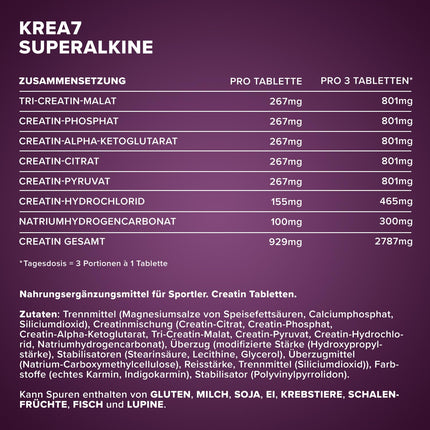 Krea7 Superalkaline kreatīna tabletes 180 gab. - 1590 mg kreatīna vienā tabletē, ar augstas devas 7 komponentu formulu, vegāns un bezcukura kreatīns
