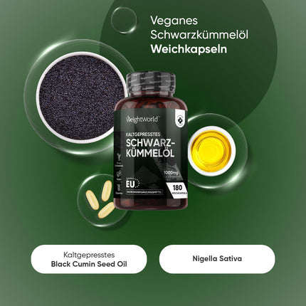 Melnās ķimenes sēklu eļļas mīkstās kapsulas - 1000 mg vienā mīkstajā kapsulā - 6 mēnešu krājumi - melnās ķimenes sēklu eļļa - auksti spiesta melnās ķimenes sēklu eļļa (Nigella Sativa) - 180 vegānas mīkstās kapsulas - WeightWorld