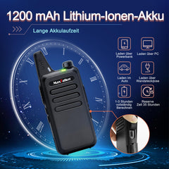 MaxTalker MT1 uzlādējama rācija pieaugušajiem un bērniem, VOX rācija ar 1200mAh litija jonu akumulatoru, USB lādētāju un austiņām. Rācijas lietošanai ārpus telpām, kempingam, pārgājieniem, 4 gabalu komplekts.
