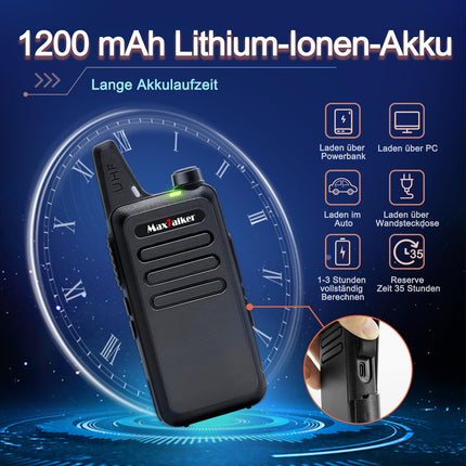 MaxTalker MT1 uzlādējama rācija pieaugušajiem un bērniem, VOX rācija ar 1200mAh litija jonu akumulatoru, USB lādētāju un austiņām. Rācijas lietošanai ārpus telpām, kempingam, pārgājieniem, 4 gabalu komplekts.