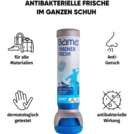 Bama Trainer Fresh apavu dezodorants 100ml – higiēnisks, antibakteriāls svaiguma, caurspīdīgs apavu aerosols sporta, darba un atpūtas apaviem