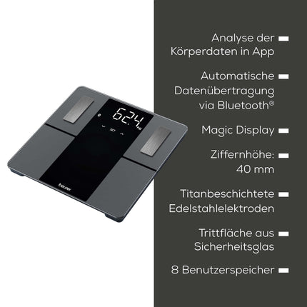 Beurer BF 500 diagnostikas svari ar Bluetooth un lietotni, digitālie ķermeņa tauku svari ar 180 kg celtspēju, analītiskie svari ķermeņa tauku, muskuļu procentuālās daļas, kaloriju nepieciešamības u.c. mērīšanai, XL displejs
