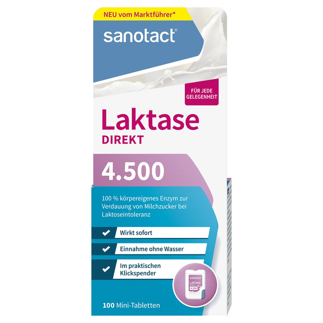 sanotact Lactase Direct 4500 mini tabletes – 100 gab. | Laktozes nepanesības gadījumā | Tūlītēja iedarbība | Var lietot bez ūdens | Praktisks dozators ar klikšķi