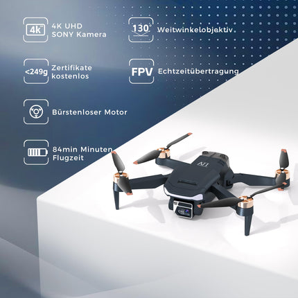 Izturīgs bezkontaktu motora drons ar 84 minūšu īpaši ilgu lidojuma laiku, drons ar 4K HD kameru iesācējiem, CHUBORY A77 WiFi FPV kvadrokopters, sekošanas režīms, automātiska nolaišanās, 3 baterijas, pārnēsāšanas soma