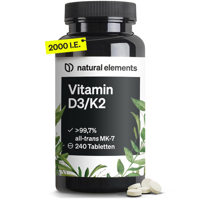 D3 vitamīns + K2 – &gt; 99,7% all-trans MK-7 un 2000 SV D3 vitamīns – 240 tabletes – augsta deva, optimāli biopieejama – bez liekām piedevām – ražots Vācijā