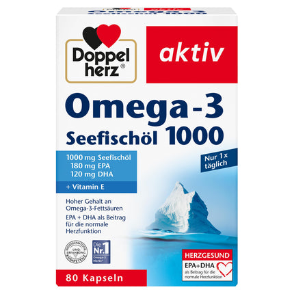 Doppelherz jūras zivju eļļa Omega-3 1000 - EPA un DHA veicina normālu sirds darbību - 80 kapsulas (1 iepakojums)