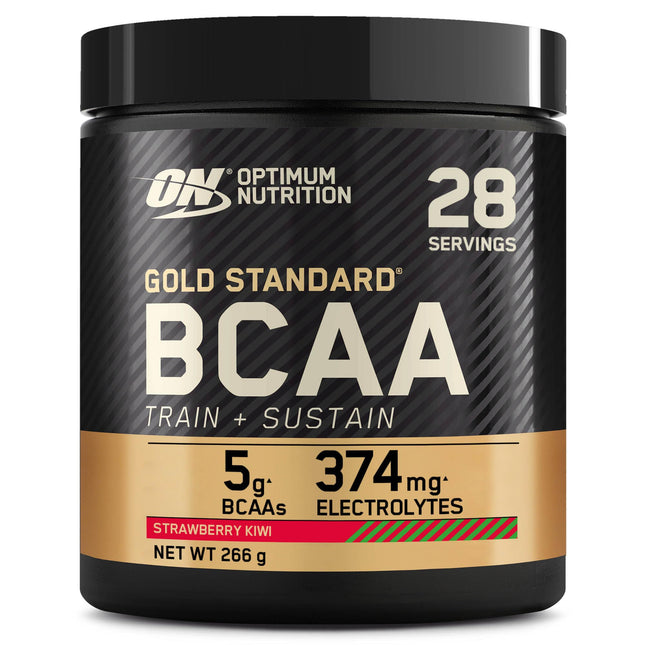 Optimum Nutrition Gold Standard BCAA Train + Sustain, aminoskābju pulveris lietošanai pirms treniņa, sporta dzēriens ar C vitamīnu, cinku, magniju un elektrolītiem, zemeņu-kivi garša, 28 porcijas, 266 g