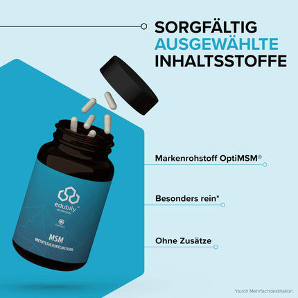 edubily nutrition® OptiMSM® MSM kapsulas - 2550 mg dienā - 99,9% tīra metilsulfonilmetāna bez piedevām - Augsta deva - Vegāns