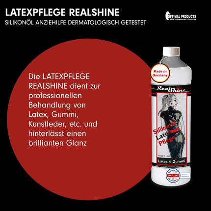 Optimal Products lateksa kopšanas līdzeklis REALSHINE silikona eļļa 1 litrs | dermatoloģiski pārbaudīta eļļa lateksam | profesionāla gumijas kopšana un ekonomisks uzvilkšanas palīglīdzeklis | bez smaržas lateksa kopšana augsta spīduma apdarei