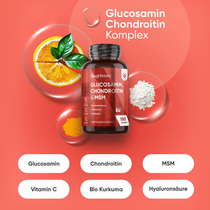 Glikozamīns, hondroitīns un MSM - 180 kapsulas - C vitamīns veicina normālu kolagēna veidošanos kaulu un skrimšļu funkcijai (EFSA) - Ar kurkumu un hialuronskābi - WeightWorld