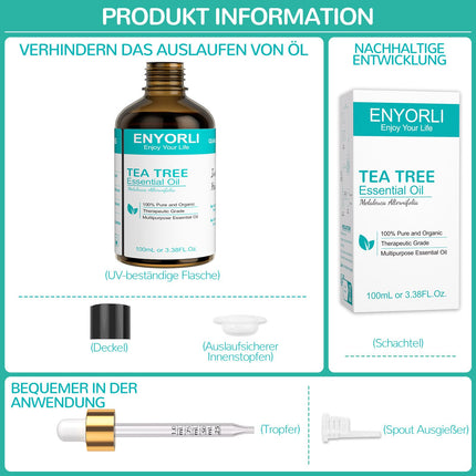 ENYORLI tējas koka eļļa 100 ml dabīga tējas koka eļļa 100% tīra un ēteriska aromterapijas eļļa vegāna tējas koka ēteriskā eļļa difuzoram, šampūnam, sejai, ādai, nagiem