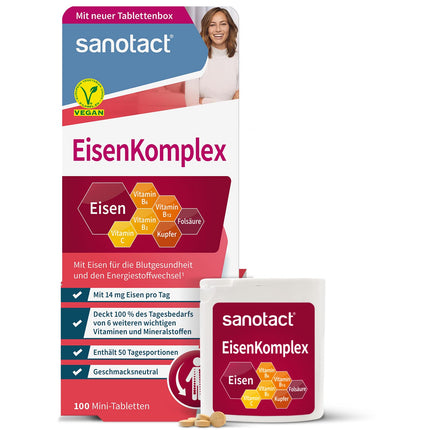Sanotact dzelzs komplekss (100 mini tabletes) • Augstā devā ar 14 mg dzelzs, varu, folskābi, C, B2, B6, B12 vitamīniem • Tūlītēja iedarbība dzelzs deficīta gadījumā • Dzelzs asinsrades veicināšanai • 100% vegāns