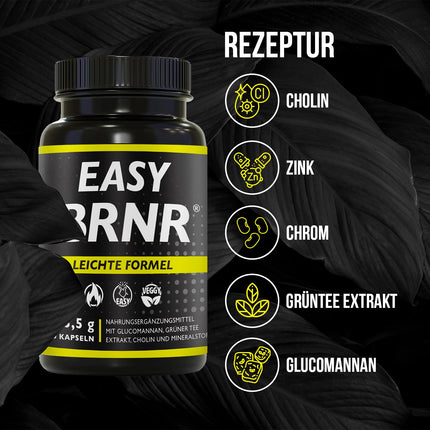 BRNR EASY BRNR Light Formula 5-in-1, vielmaiņas ārstēšana ar holīnu, asins cukura līmeņa formula ar hromu, šķiedrvielām, glikomanānu, zaļās tējas ekstraktu, 120 kapsulas