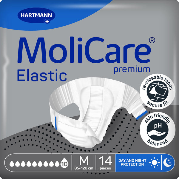 MoliCare Premium elastīgās biksītes: smagas urīna nesaturēšanas gadījumā sievietēm un vīriešiem; 10 pilieni, M izmērs (85–120 cm gurnu apkārtmērs), 14 gabali