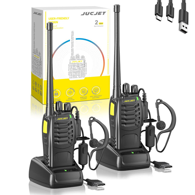 JUCJET (2 rāciju komplekts) 888HD rācijas, ieskaitot oriģinālās austiņas, C tipa datu kabeli, USB uzlādes staciju, ar savienošanu pārī ar vienu klikšķi, runas trokšņu samazināšanu un digitālo šifrēšanu