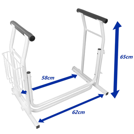 Ergonomisks tualetes poda paliktnis ar regulējamu augstumu, neslīdošiem roku balstiem un praktisku grozu – ideāli piemērots senioriem un cilvēkiem ar ierobežotām pārvietošanās spējām