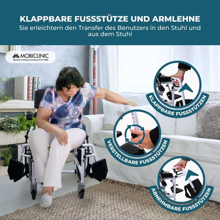 Mobiclinic®, tualetes ratiņkrēsls, regulējams augstums, pašgājējs, Calígula, saliekams kāju balsts un roku balsti, ar noņemamu bļodu, riteņu bremze, alumīnijs