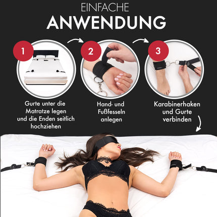 liebesfreunde® Bondage Set Bed Restraints Seksa rotaļlieta pāriem I Īpaši stabils BDSM bondage komplekts ar gultas ierobežojumiem, roku dzelžiem, aizsietām acīm
