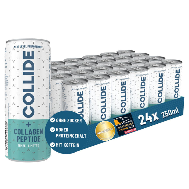 COLLIDE kolagēna dzēriens – Ieteicams līdz: 13.05.2025 – Piparmētru-laima – 24 x 250 ml – Bez cukura – Ar kolagēna hidrolizāta peptīdiem, B6 un B12 vitamīniem, folskābi, biotīnu un kofeīnu – Iesk. 6 eiro iemaksa