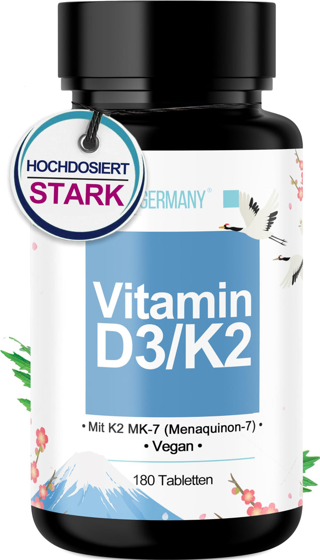 D3 vitamīna + K2 tabletes - 180 tabletes pa 5000 SV [DEPOT] - Augsta D3 vitamīna deva un 100 mcg K2 vitamīna vienā tabletē - Augsta kvalitāte: Manequinon MK7 - Laboratorijā pārbaudīts
