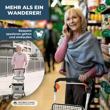 Mobiclinic®, iepirkšanās ratiņu rullītis, gājējs ar lielu iepirkumu maisiņu un sēdekli, 21L, salokāms, viegls, iepirkumu grozs, dubultā bremžu sistēma, staigāšanas palīgierīce, izgatavots no tērauda, ​​stabils