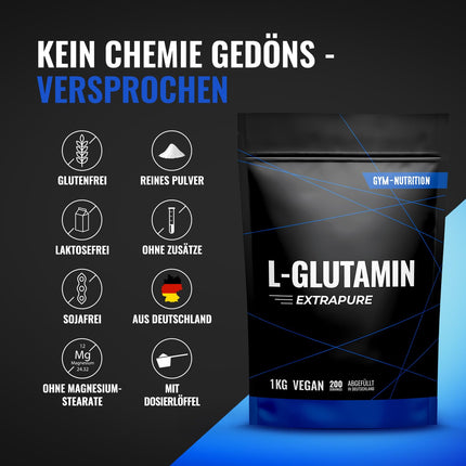 L-glutamīna pulveris 1000g / 1kg - Īpaši tīrs pulveris ar īpaši augstu devu - Glutamīns - Laboratorijā pārbaudīts un vegāns - Ražots Vācijā 1kg - Neitrāla garša, dabīgs