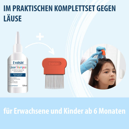 Evolsin® 120 ml utu šampūns un utu ķemme pieaugušajiem un bērniem no 6 mēnešu vecuma – matu invāzijas ar gnīdām un galvas utīm gadījumā – utu līdzeklis saudzīgs pret galvas ādu – iedarbojas 15 minūšu laikā