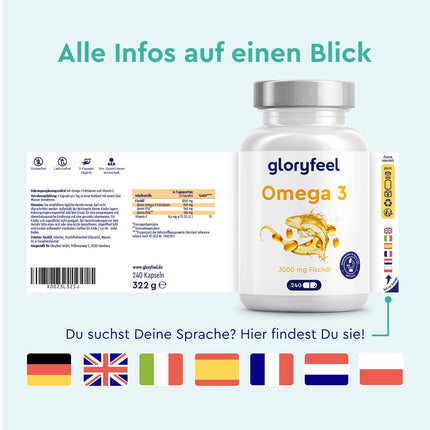 Omega 3 kapsulas augstā devā - 3000 mg zivju eļļa (triglicerīdu forma) - 240 kapsulas ar E vitamīnu (antioksidantu) ideālam EPA un DHA papildinājumam - tīra Omega 3 zivju eļļa - laboratorijā pārbaudīta