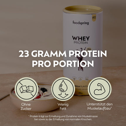 Foodspring - sūkalu proteīna pulveris ar vaniļas garšu – ar 23 g proteīna muskuļu veidošanai, perfekta šķīdība, ultrafiltrēts, bagāts ar BCAA un EAA – pilnvērtīga un garda garša (750 g)