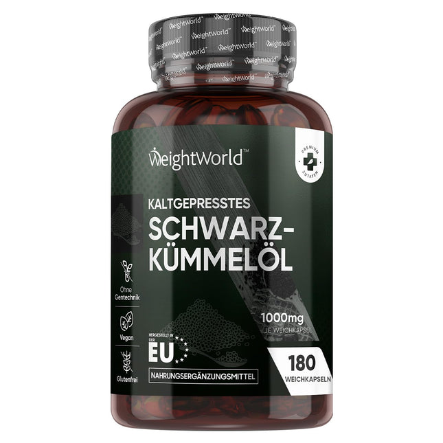 Melnās ķimenes sēklu eļļas mīkstās kapsulas - 1000 mg vienā mīkstajā kapsulā - 6 mēnešu krājumi - melnās ķimenes sēklu eļļa - auksti spiesta melnās ķimenes sēklu eļļa (Nigella Sativa) - 180 vegānas mīkstās kapsulas - WeightWorld