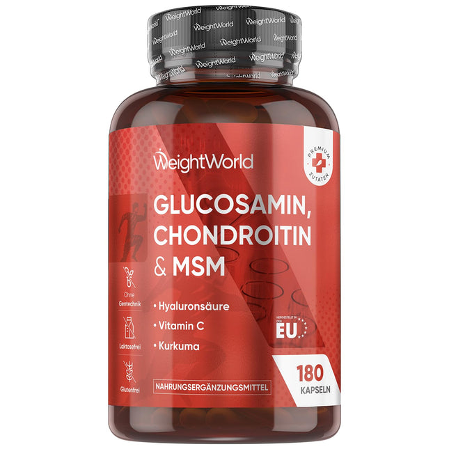 Glikozamīns, hondroitīns un MSM - 180 kapsulas - C vitamīns veicina normālu kolagēna veidošanos kaulu un skrimšļu funkcijai (EFSA) - Ar kurkumu un hialuronskābi - WeightWorld