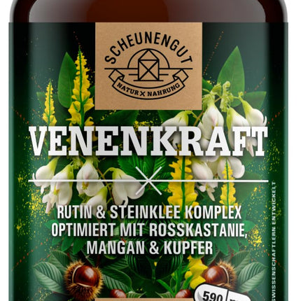 VENENKRAFT® Rutīna saldā āboliņa kapsulas ar augstu devu — SVARĪGI: Laboratorijā pārbaudīts vēnu komplekss ar rutīnu, saldo āboliņu, zirgkastaņas ekstraktu, mangānu, varu un citām vielām | 120 gab. -DE- SCHEUNENGUT®