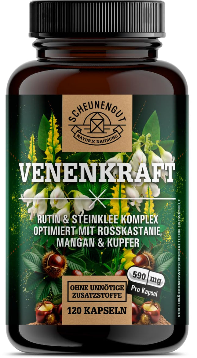 VENENKRAFT® Rutīna saldā āboliņa kapsulas ar augstu devu — SVARĪGI: Laboratorijā pārbaudīts vēnu komplekss ar rutīnu, saldo āboliņu, zirgkastaņas ekstraktu, mangānu, varu un citām vielām | 120 gab. -DE- SCHEUNENGUT®