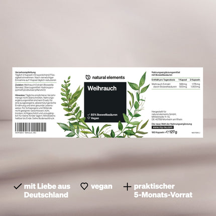 Natural Elements vīraka kapsulas – 1176 mg Indijas vīraka ekstrakta – 85% bosvelīnskābes – augsta deva un vegānisks – 5 mēnešu krājumi – ražots Vācijā un laboratorijā pārbaudīts