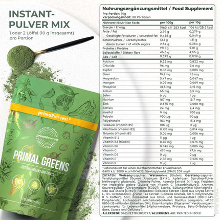 Primal Harvest Super Greens pulveris ar 27 augu savienojumiem, tostarp spirulīnu un kviešu dīgstiem, 30 porcijas