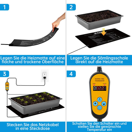 WADEO augu sildīšanas paklājiņš 52 x 25 cm, stādu sildīšanas paklājiņš ar termostatu no 5°C līdz 45°C, siltumnīcas sildīšanas paklājiņš ūdensnecaurlaidīgs, siltāks paklājiņš stādu diedzēšanai