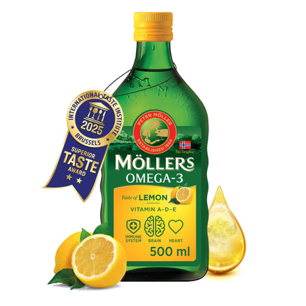 Möller's Omega 3 mencu aknu eļļa | Ziemeļvalstu Omega 3 uztura bagātinātājs ar EPA, DHA, A, D un E vitamīniem | Izcilas garšas balva | Augstas tīrības dabīgs | 165 gadus vecs zīmols | Citrons | 500 ml