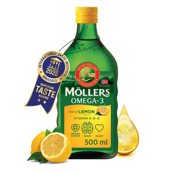 Möller's Omega 3 mencu aknu eļļa | Ziemeļvalstu Omega 3 uztura bagātinātājs ar EPA, DHA, A, D un E vitamīniem | Izcilas garšas balva | Augstas tīrības dabīgs | 165 gadus vecs zīmols | Citrons | 500 ml