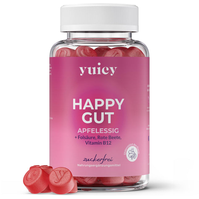YUICY® ābolu sidra etiķa želejkonfektes - ar B12 vitamīnu un folskābi enerģijai, gremošanai un vielmaiņai - vegānas un bez cukura - garda ābolu garša - ābolu sidra etiķa želejkonfektes - 60 gab. - LAIMĪGA ZARNA