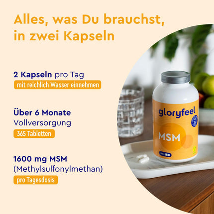MSM kapsulas - 365 vegānas kapsulas - Laboratorijā pārbaudīts 1600 mg metilsulfonilmetāna (MSM) vienā dienas devā - 99,9% tīrs MSM pulveris - Augsta deva un bez piedevām, ražots Vācijā
