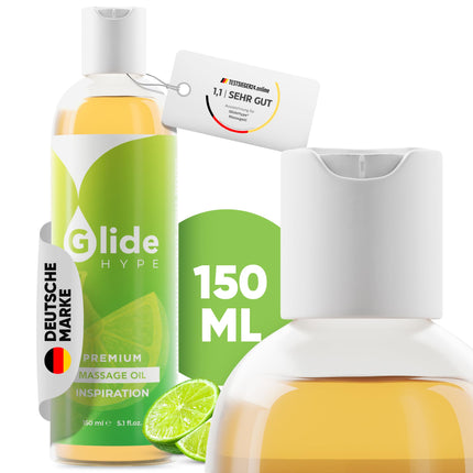GlideHype PREMIUM masāžas eļļa IEDVESMA ar laima aromātu | Ādas kopšanas lubrikants jutekliskām masāžām un relaksācijai (150 ml)