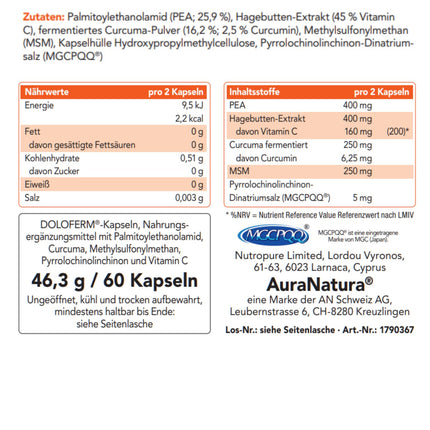 Aura Natura Fermentura Doloferm - ar PEA (palmitoiletiololamīdu), PQQ, MSM, mežrozīšu ekstraktu un fermentētu kurkumu | Atbalsta muskuļu, locītavu un muguras labsajūtu | 60 kapsulas