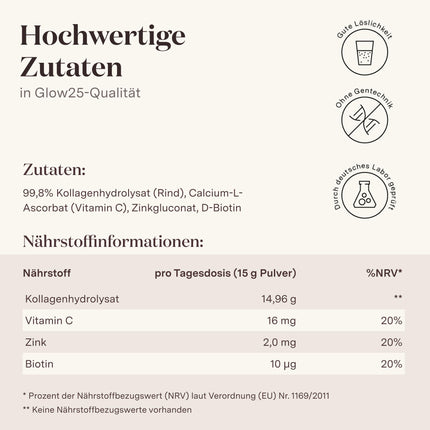 Glow25® Collagen Plus [450 g] - kolagēna hidrolizāts ar C vitamīnu, cinku un biotīnu - 1. un 3. tipa peptīdi - laba šķīdība - neitrāls