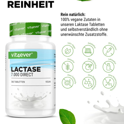 Laktāzes 7000–365 tabletes ar tūlītēju iedarbību — augsta deva ar 7000 FCC vienībām — laktozes un piena nepanesības gadījumā — bez nevēlamām piedevām — laboratoriski pārbaudītas — vegānas