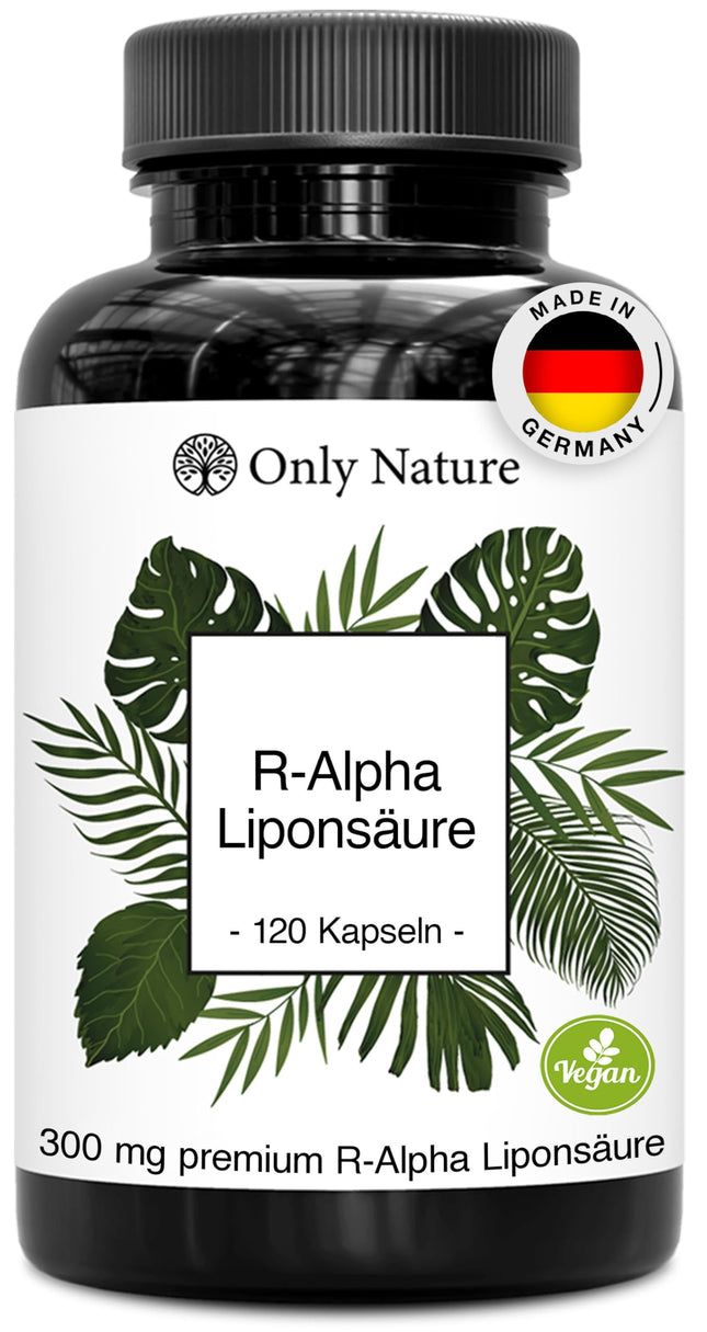 Only Nature® R alfa lipoīnskābe 300 mg - augsta deva - 120 laboratorijā pārbaudītas kapsulas - vegāns - bez piedevām - ražots Vācijā - R-alfa lipoīnskābe