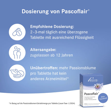 Pascoflair: 90 tabletes - augu izcelsmes nomierinošs līdzeklis - nervu nemiera, piemēram, stresa izraisīta, gadījumā - 425 mg koncentrēta ekstrakta vienā tabletē atbilst 4250-6375 mg pasifloras (dienas deva)